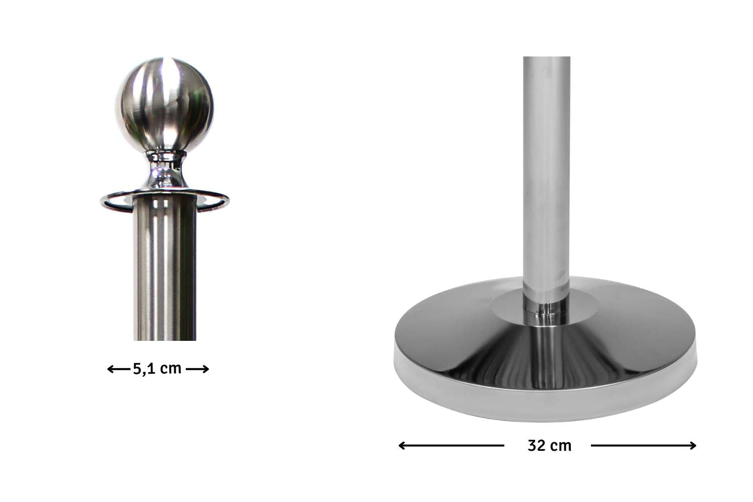 Set Absperrpfosten mit Seil | Chrom  - Kugelkopf - Schwarz