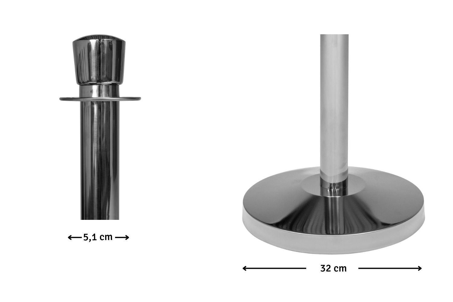 Set Absperrpfosten mit Seil | Chrom - Ovaler Kopf - Rot