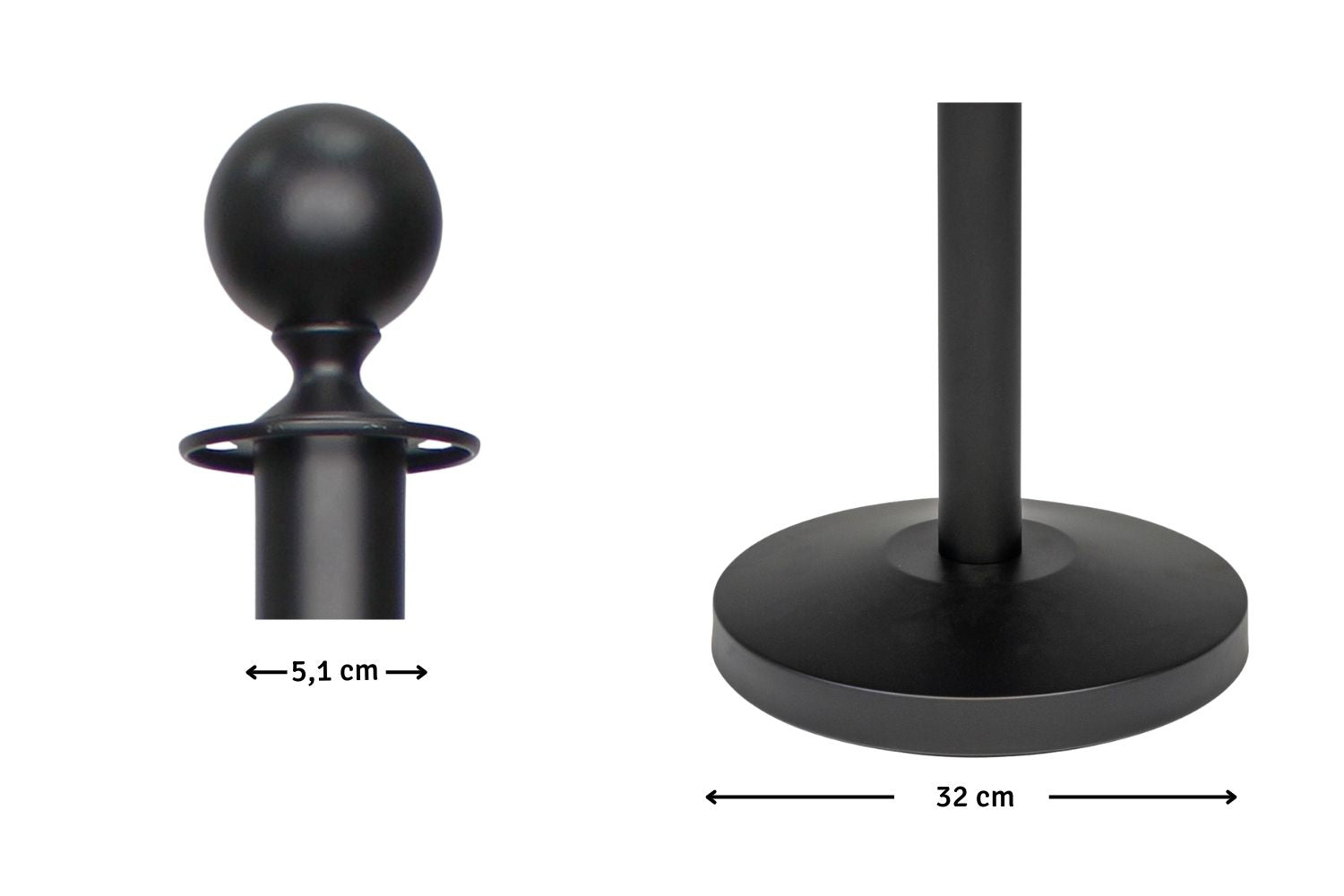 Set Absperrpfosten mit Seil | Schwarz - Kugelkopf - Schwarz