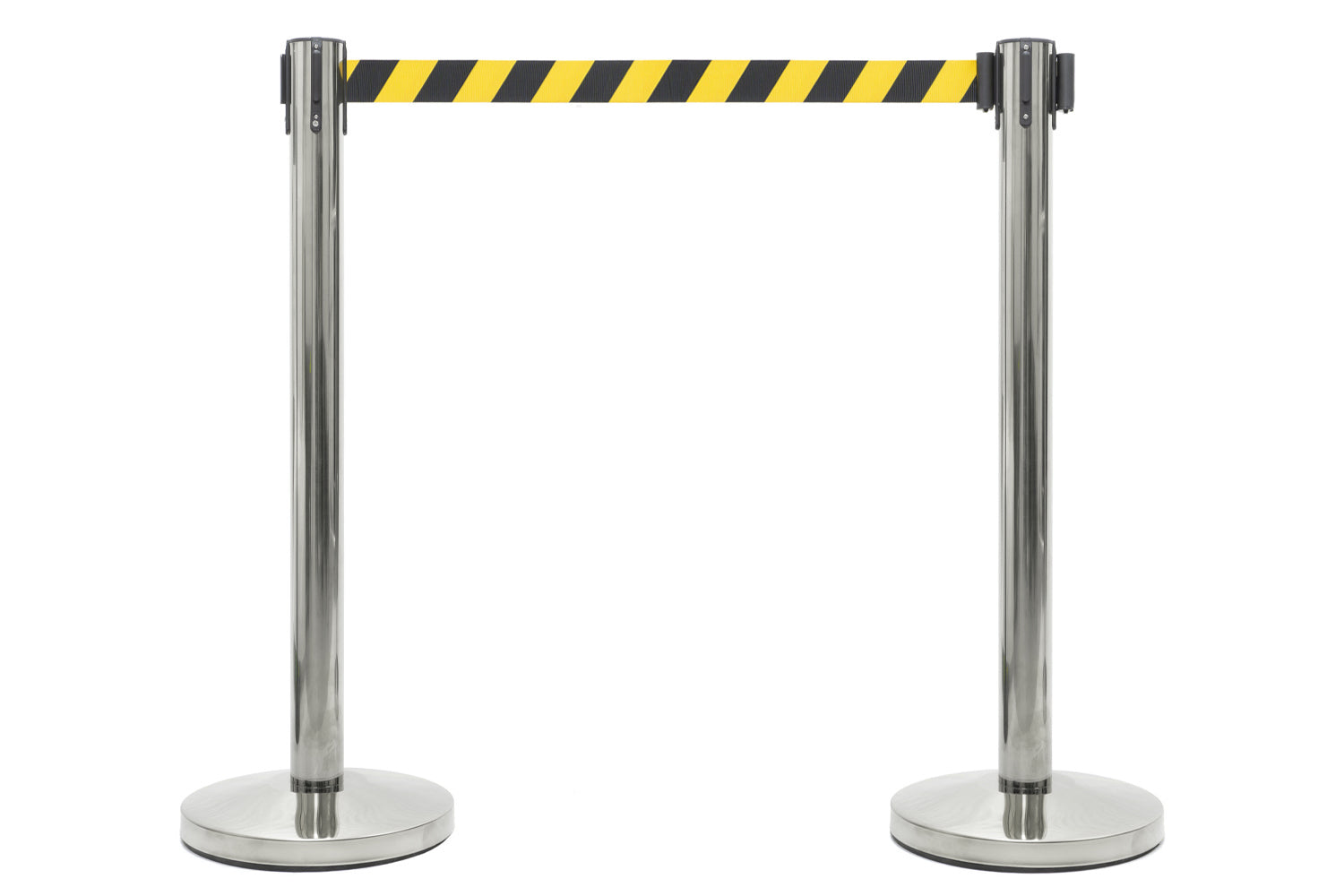 Absperrpfosten mit Gurtband | Chrom - Gelb-Schwarz | Rote Teppiche