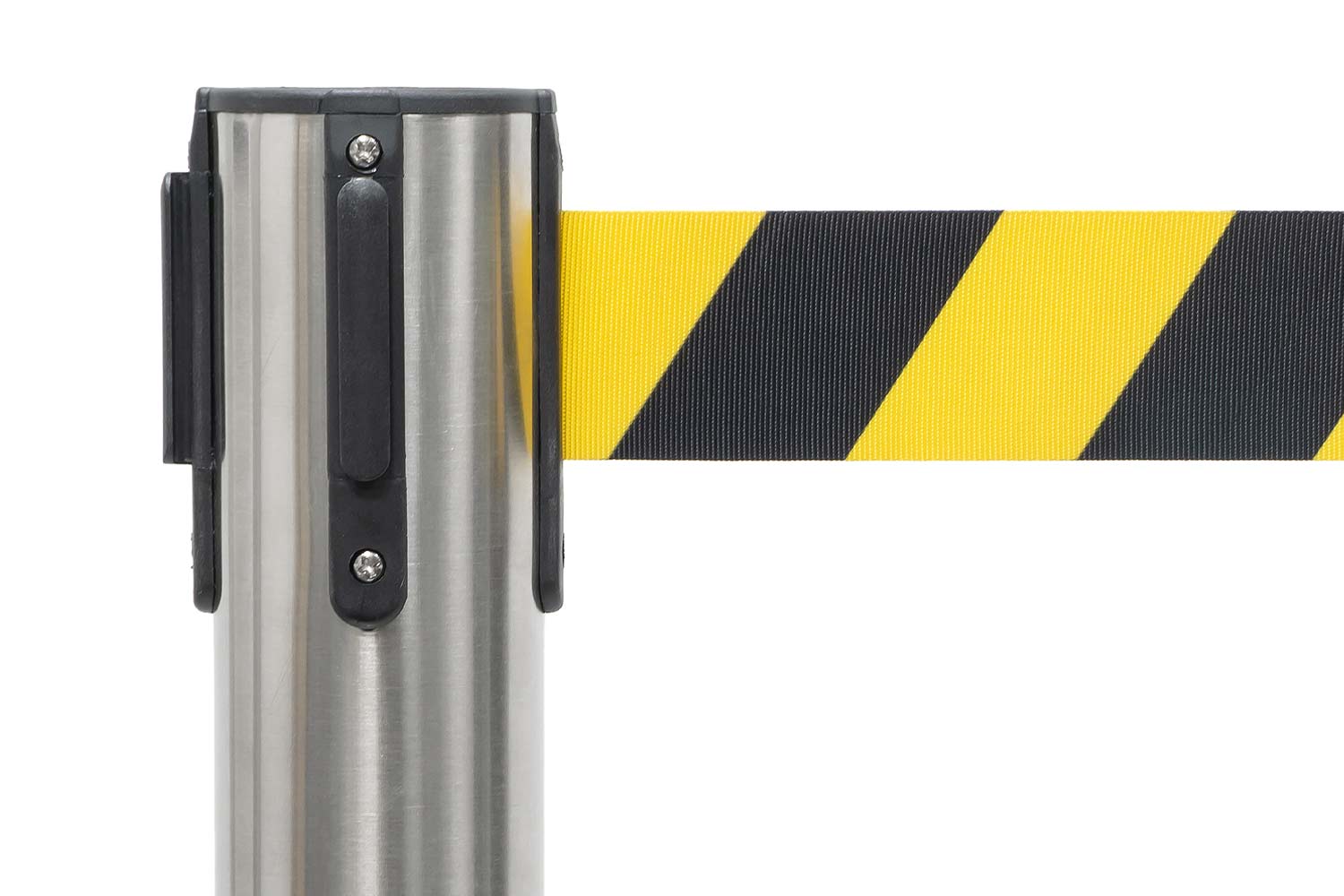 Absperrpfosten mit Gurtband | Gebürstetes Chrom - Gelb-Schwarz | Rote Teppiche