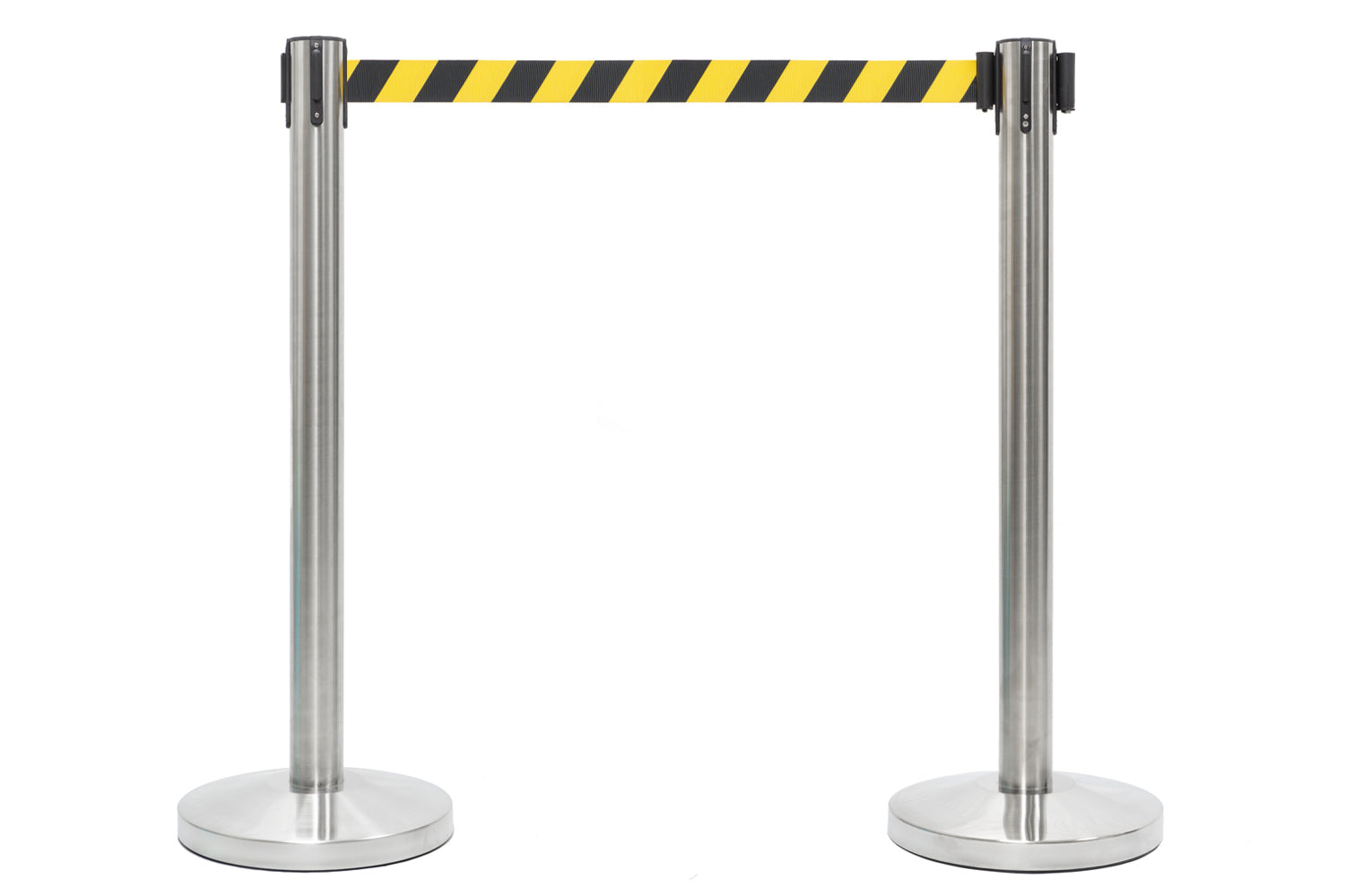 Absperrpfosten mit Gurtband | Gebürstetes Chrom - Gelb-Schwarz | Rote Teppiche