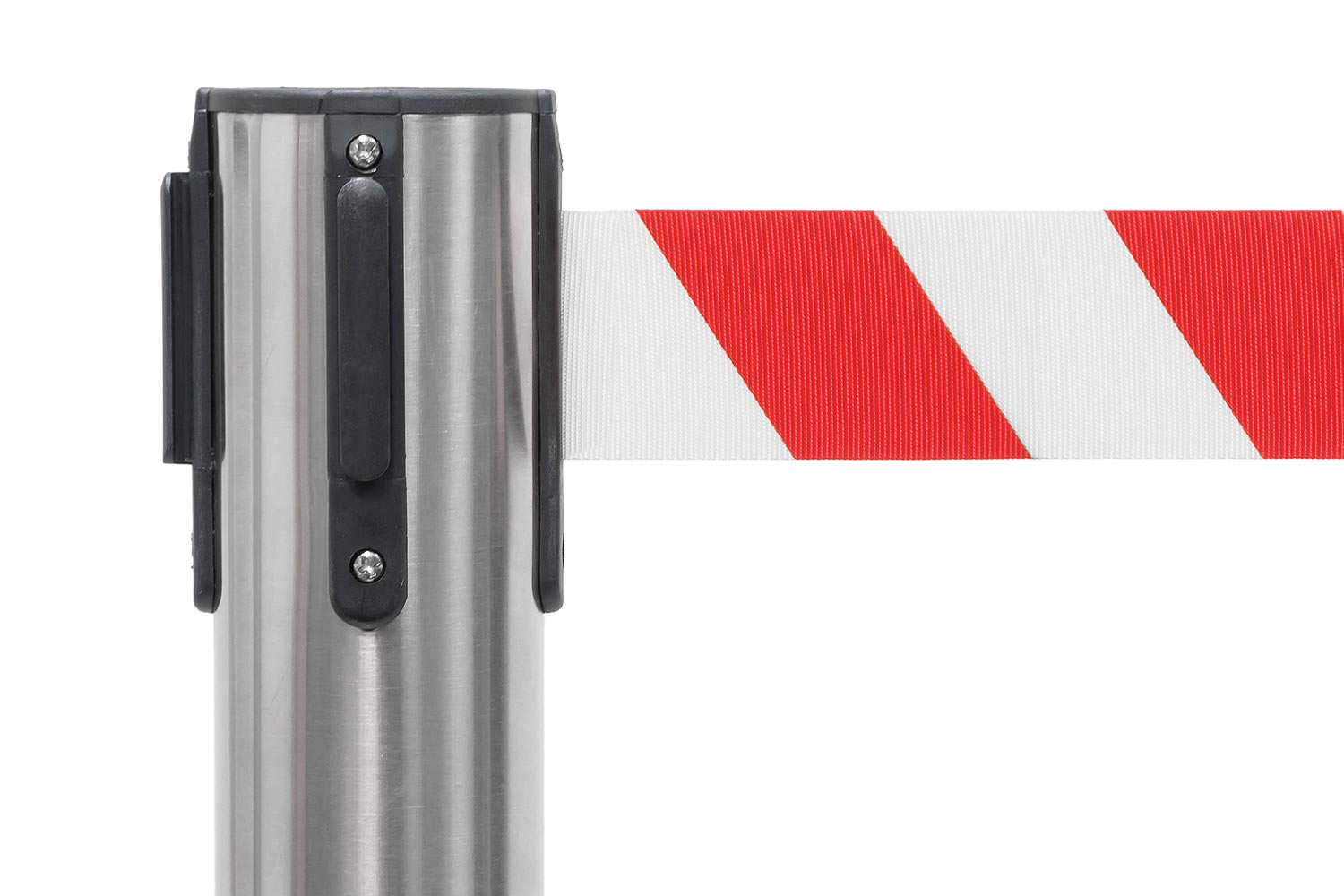 Absperrpfosten mit Gurtband | Gebürstetes Chrom - Rot-Weiß | Rote Teppiche