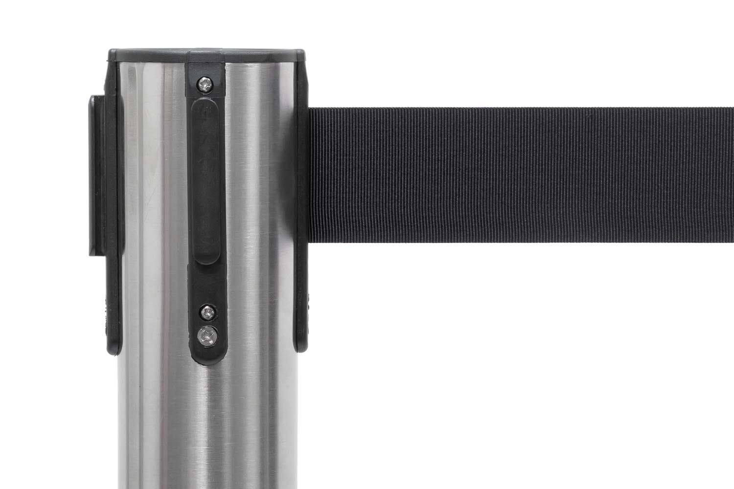 Absperrpfosten mit Gurtband | Gebürstetes Chrom - Schwarz | Rote Teppiche