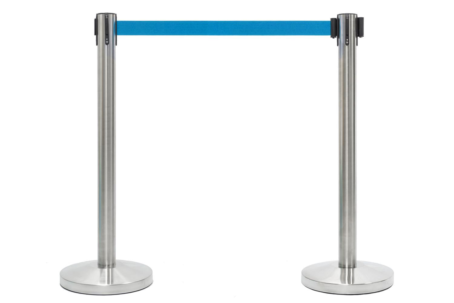 Set Absperrpfosten mit Gurtband | Gebürstetes Chrom - Hellblau | Rote Teppiche