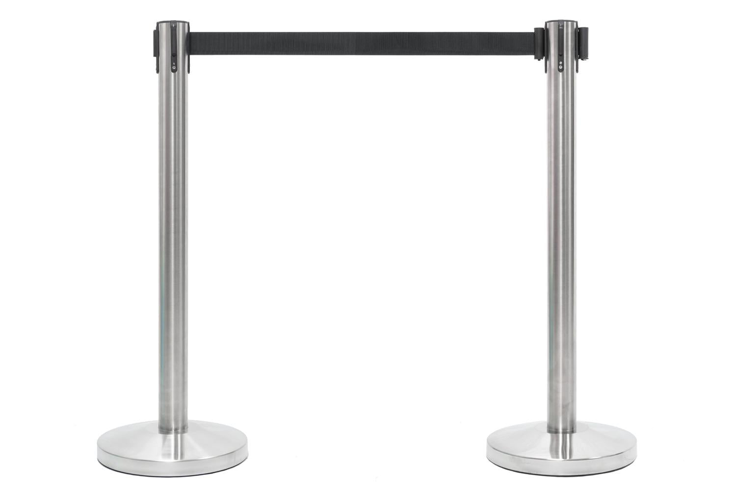 Set Absperrpfosten mit Gurtband | Gebürstetes Chrom - Schwarz | Rote Teppiche