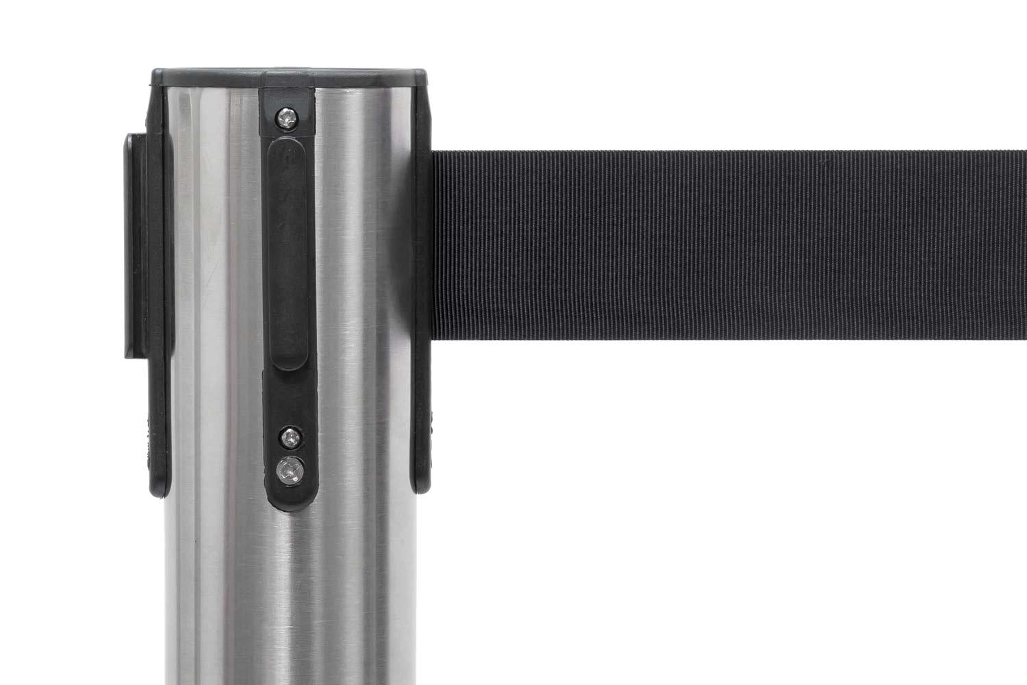 Set Absperrpfosten mit Gurtband | Gebürstetes Chrom - Schwarz | Rote Teppiche